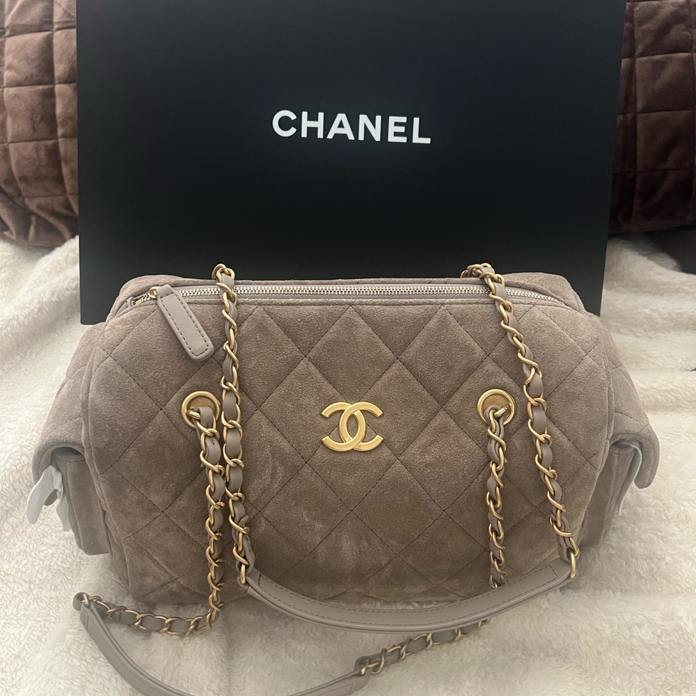 CHANEL Quilted Suede Shoulder Bag in Taupe with Gold Hardware